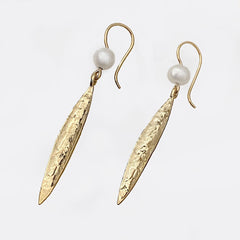 Martina Hamilton Leaf | 9ct Solid Gold and Pearl Drop Earrings Large