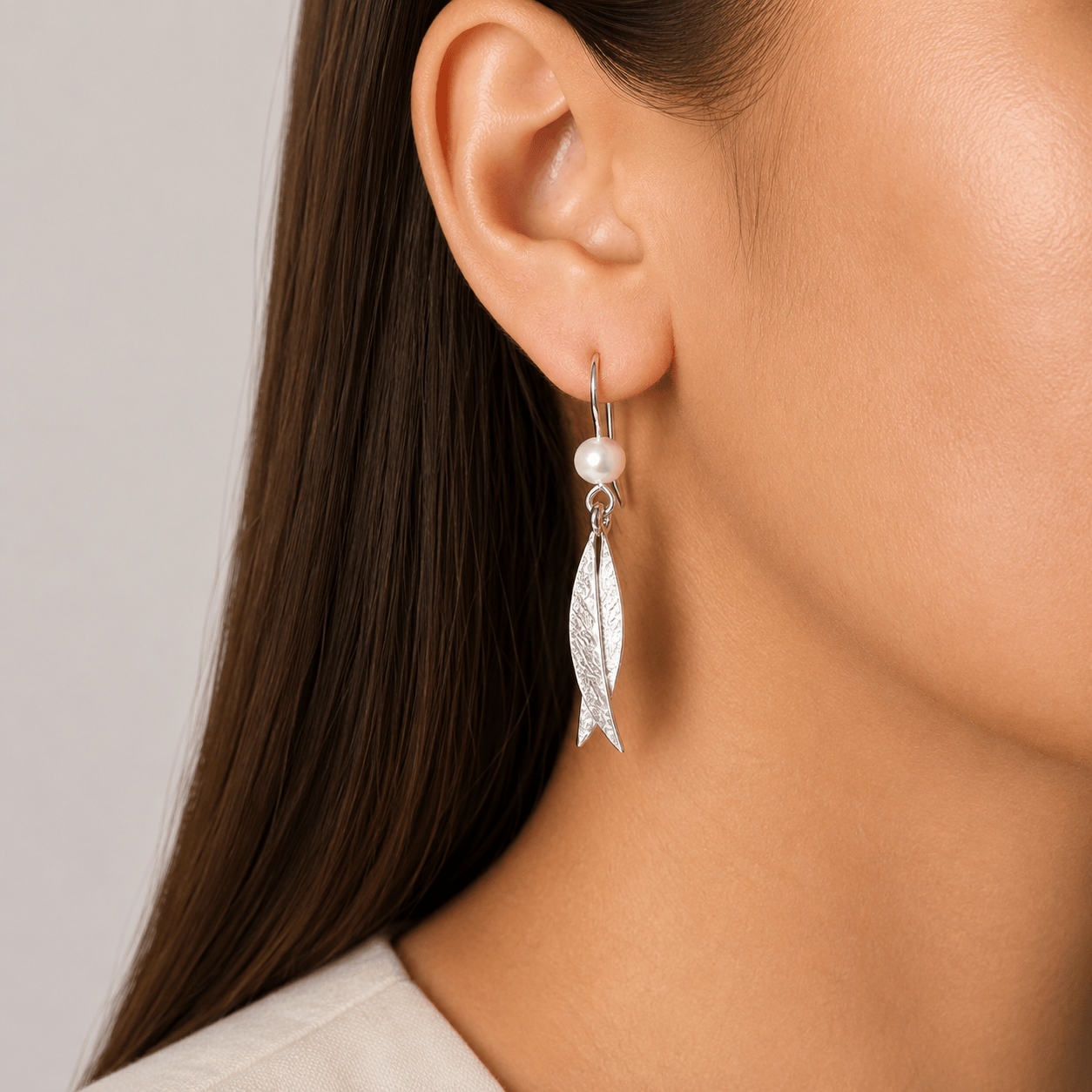 Martina Hamilton Leaf | Sterling Silver and Pearl Double Drop Earrings