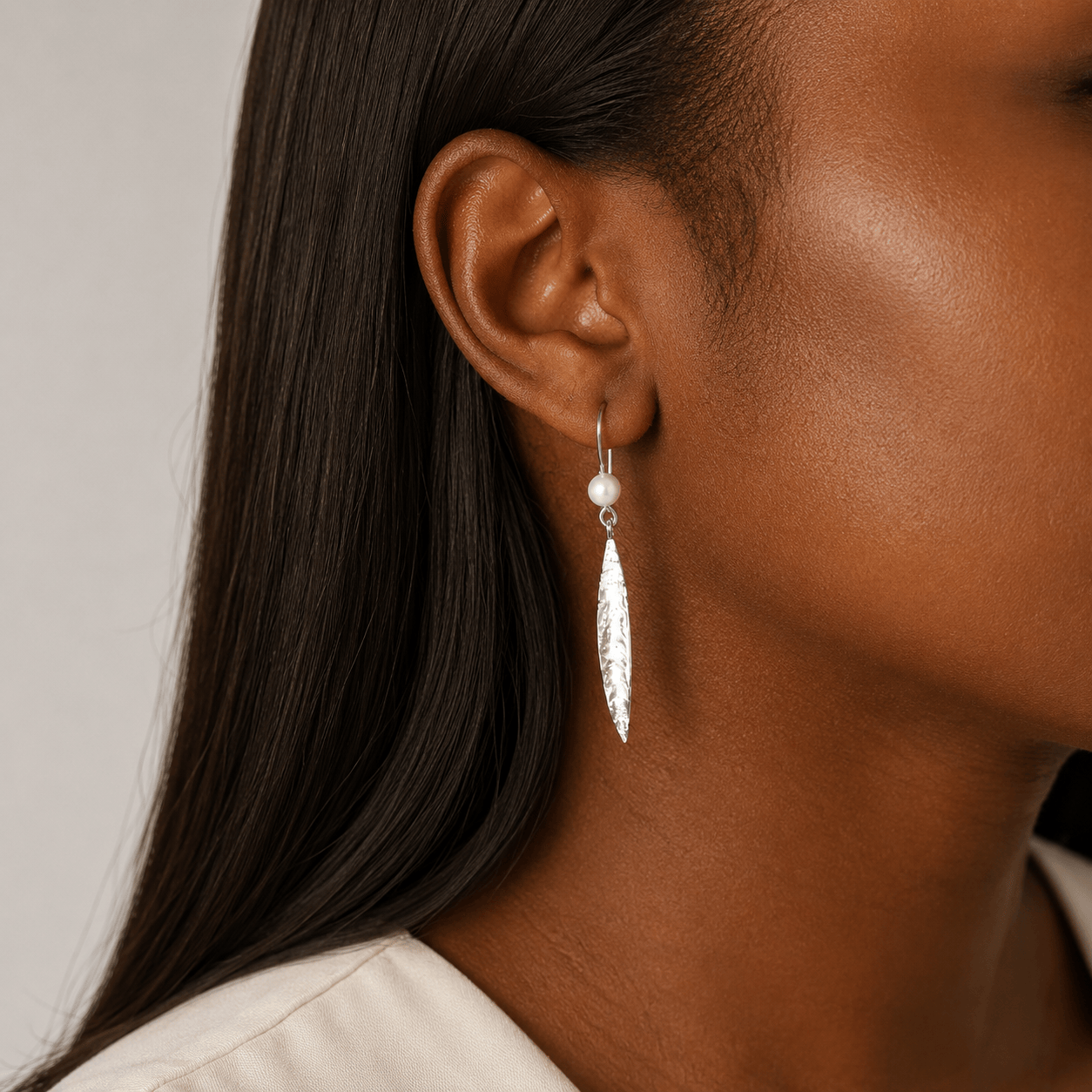 Martina Hamilton Leaf | Sterling Silver and Pearl Drop Earrings Large