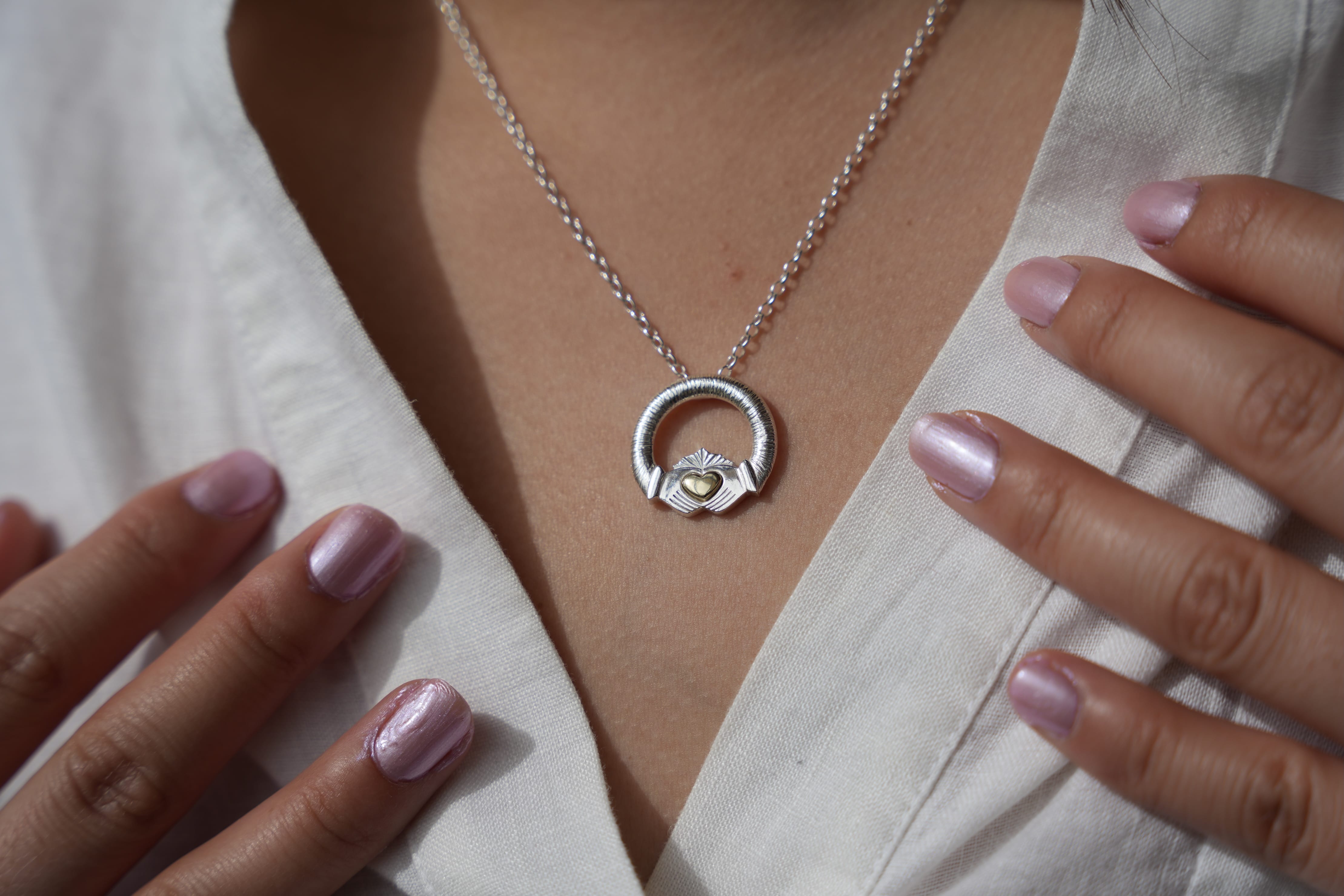 Martina Hamilton Ériu | Claddagh Necklace Sterling Silver with Solid 9ct Gold Heart