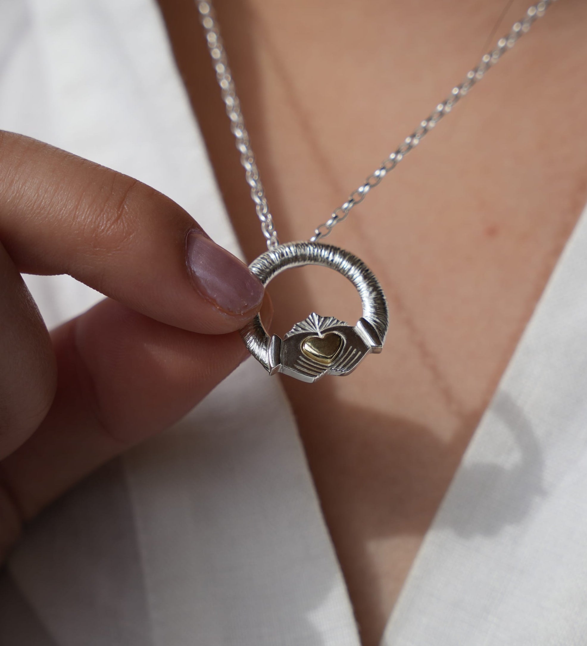 Martina Hamilton Ériu | Claddagh Necklace Sterling Silver with Solid 9ct Gold Heart