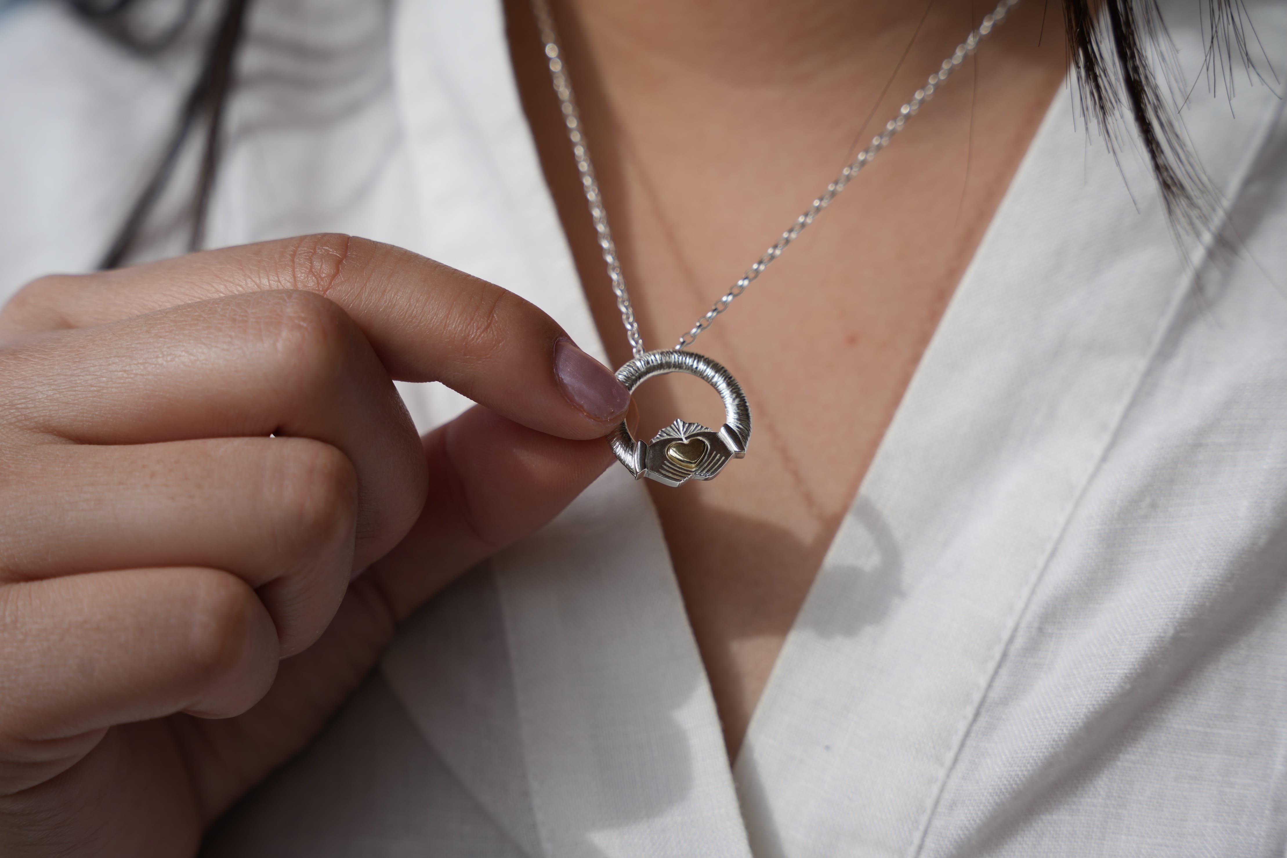 Martina Hamilton Ériu | Claddagh Necklace Sterling Silver with Solid 9ct Gold Heart