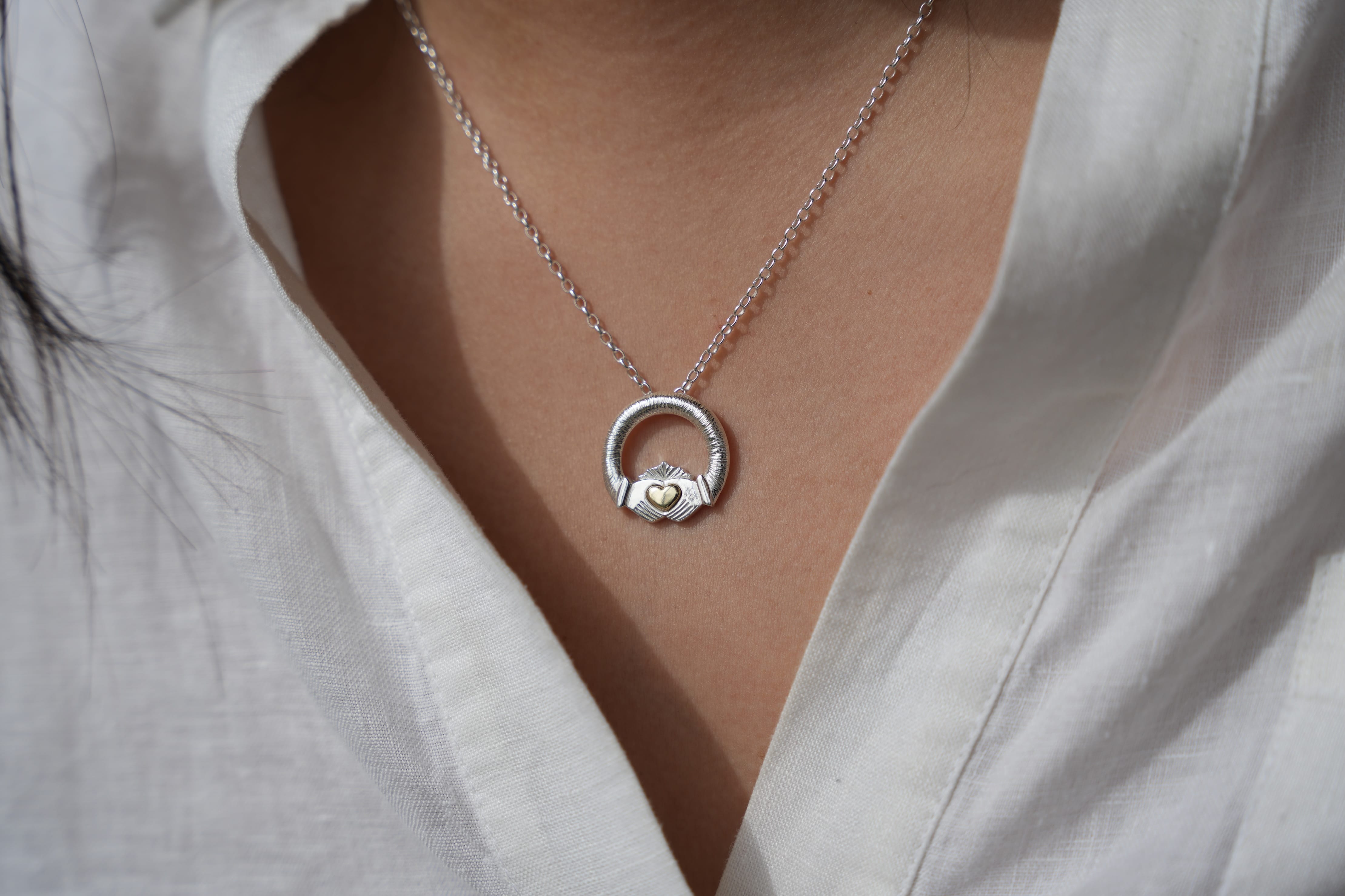Martina Hamilton Ériu | Claddagh Necklace Sterling Silver with Solid 9ct Gold Heart