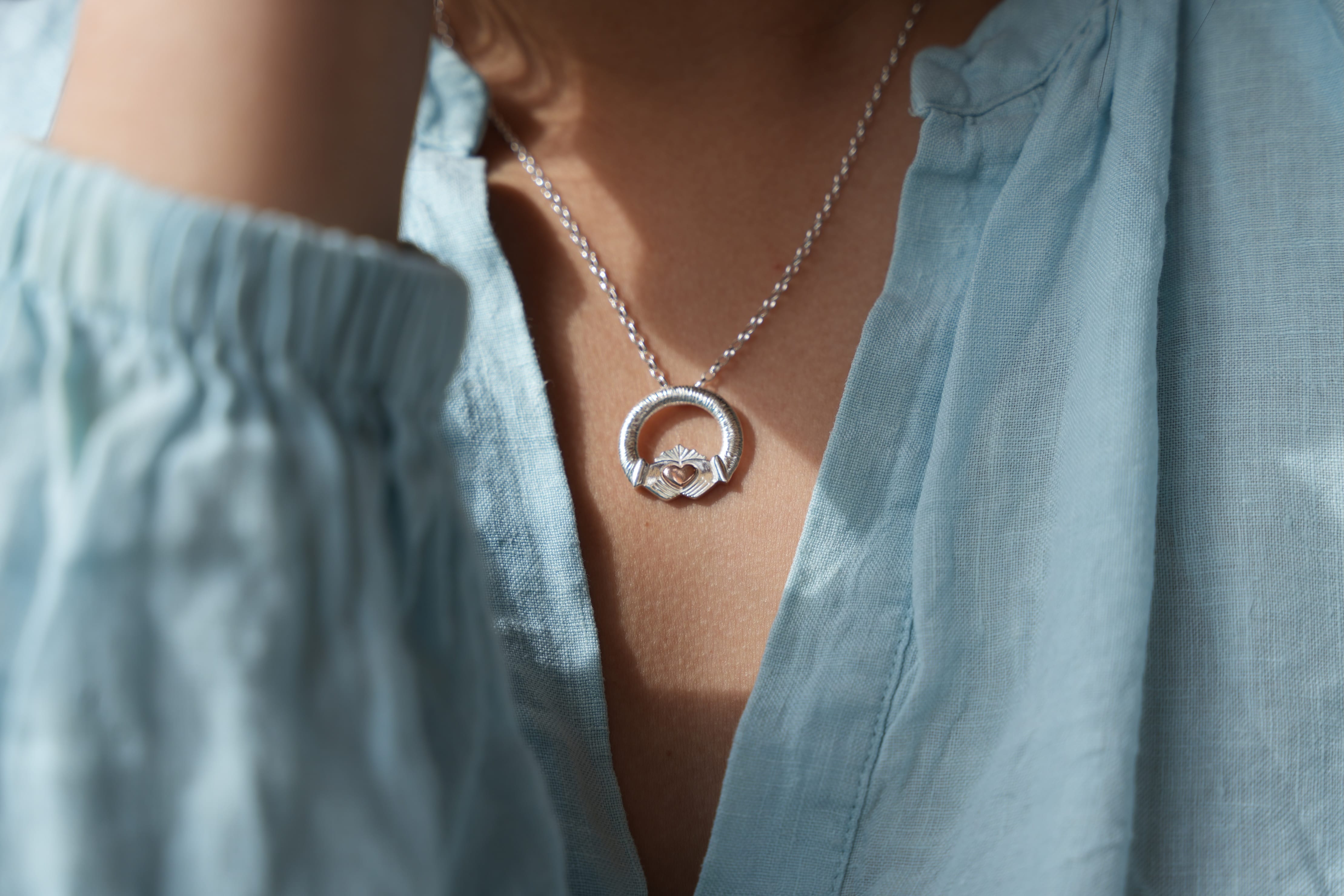 Martina Hamilton Ériu | Claddagh Necklace Sterling Silver with Solid Rose Gold Heart