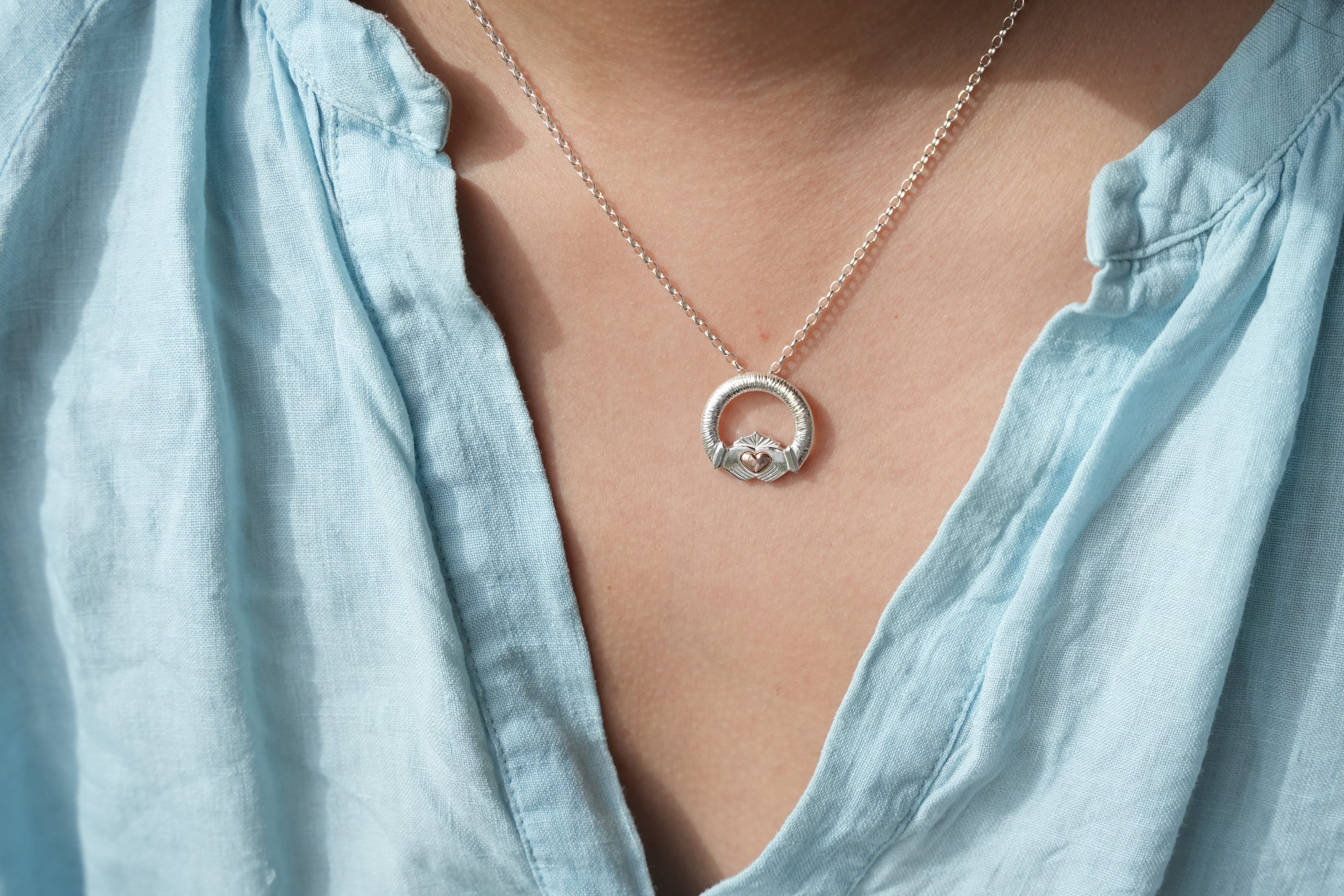 Martina Hamilton Ériu | Claddagh Necklace Sterling Silver with Solid Rose Gold Heart