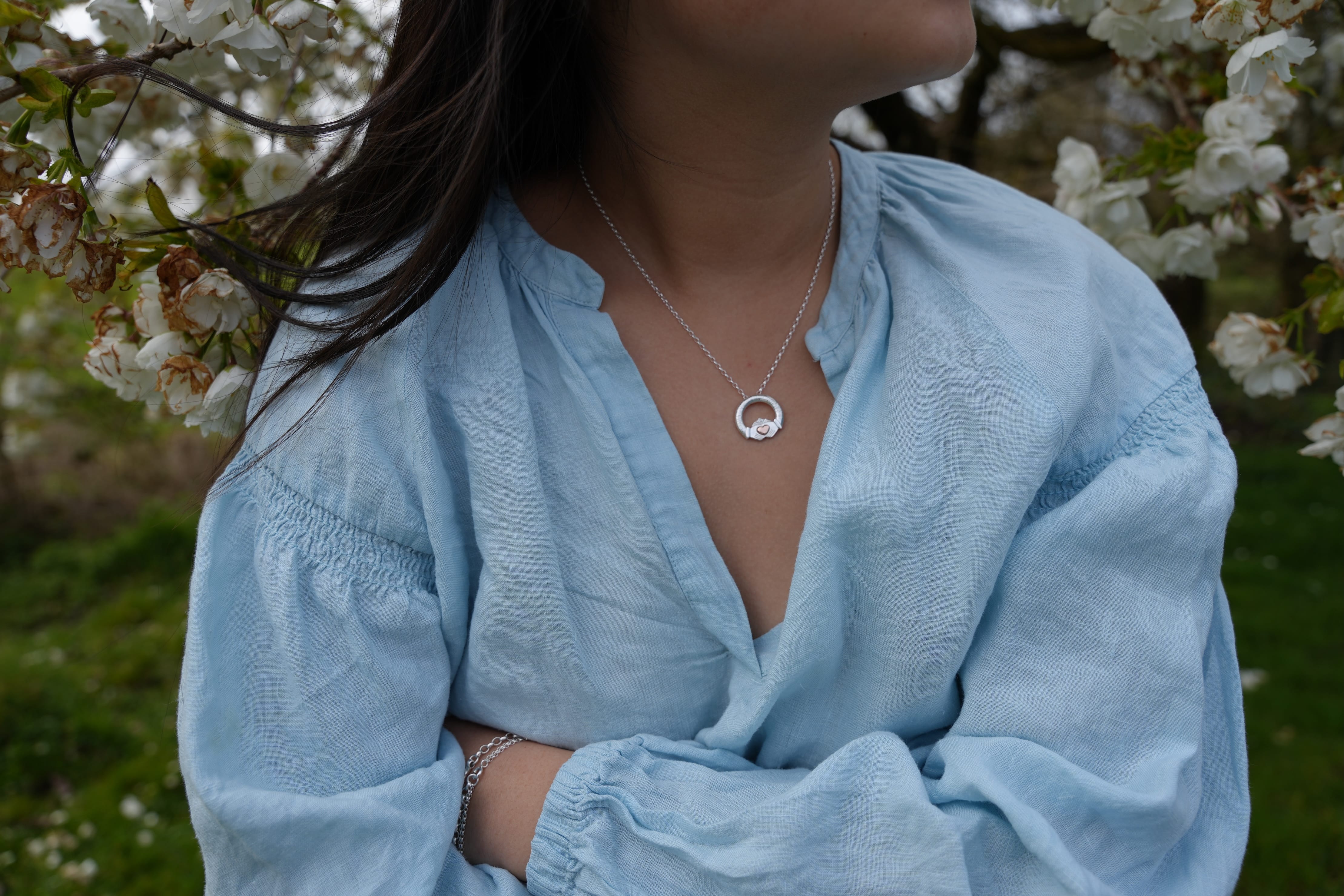 Martina Hamilton Ériu | Claddagh Necklace Sterling Silver with Solid Rose Gold Heart