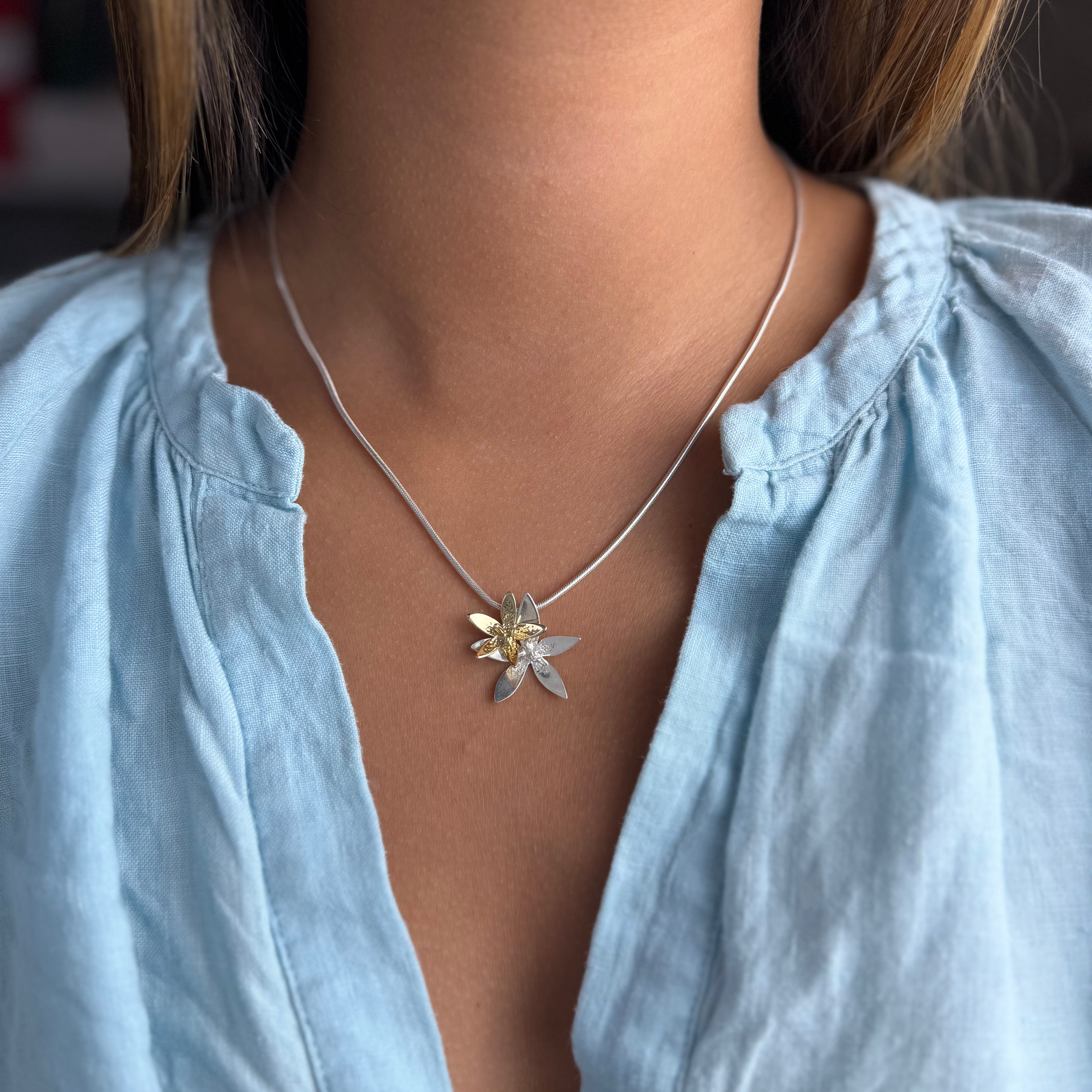 Martina Hamilton Star Flower | Sterling Silver and 9ct Solid Gold Double Floral Bell Chain Pendant