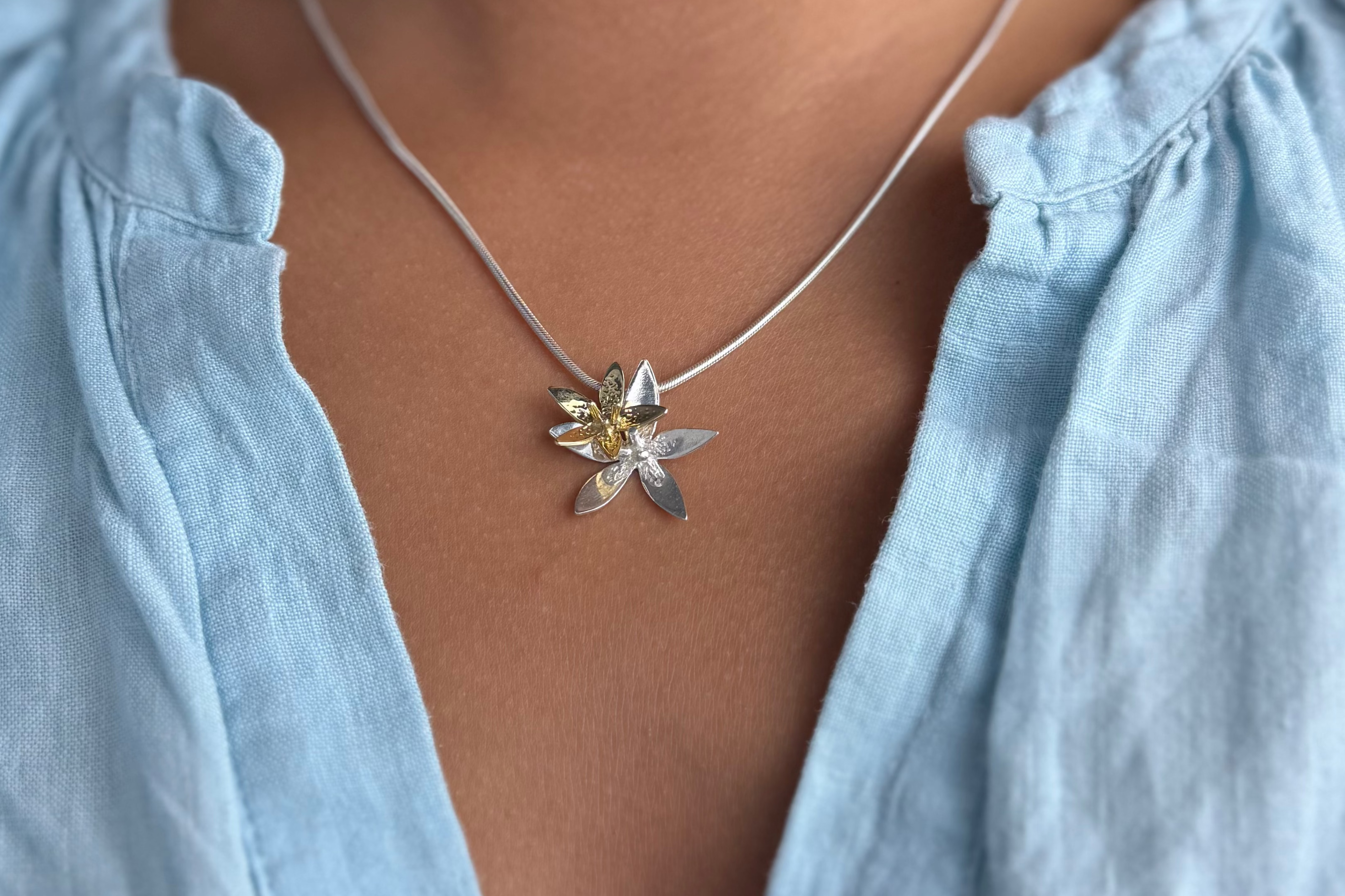 Martina Hamilton Star Flower | Sterling Silver and 9ct Solid Gold Double Floral Bell Chain Pendant